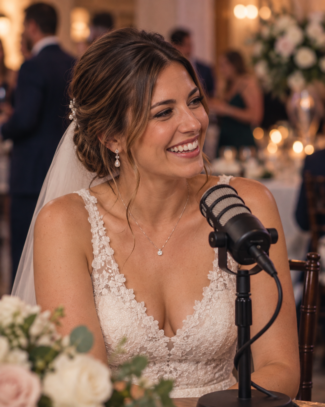 novia participando en un video podcast en su fiesta de casamiento